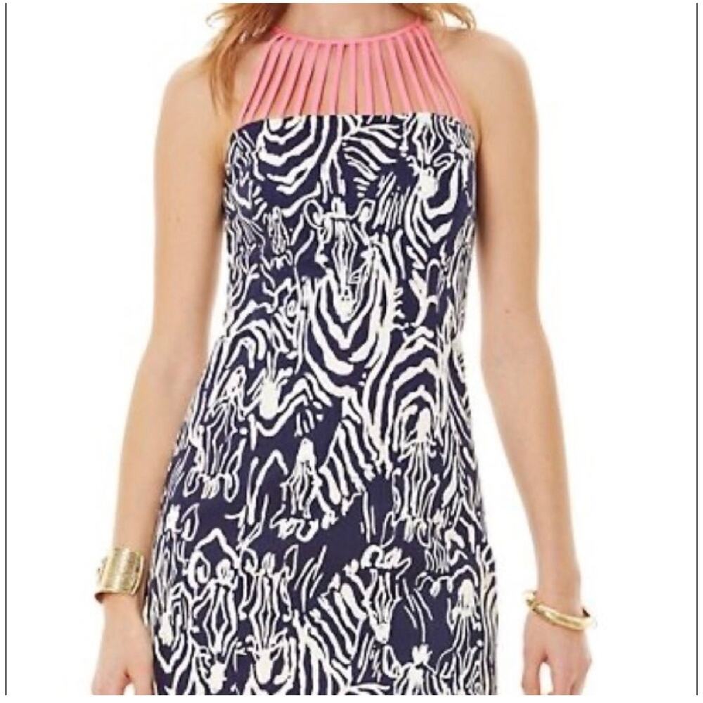 Lilly Pulitzer Terry Strappy Yoke Navy Blue and Pink Shift Dress size 4